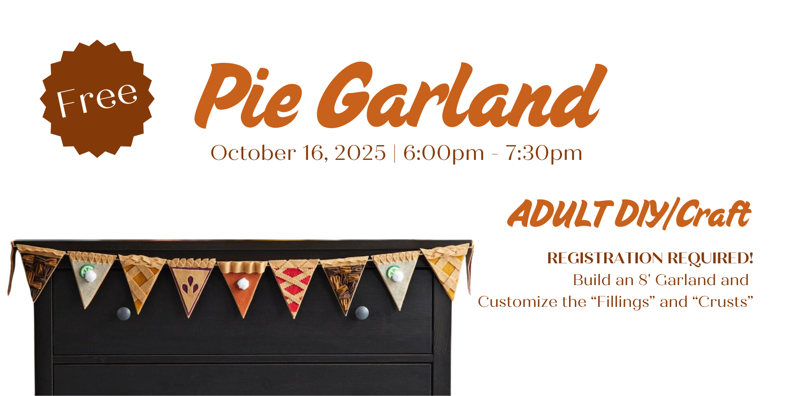 October 2025 Adult Craft Header Image Pie Craft Pie Garland DIY