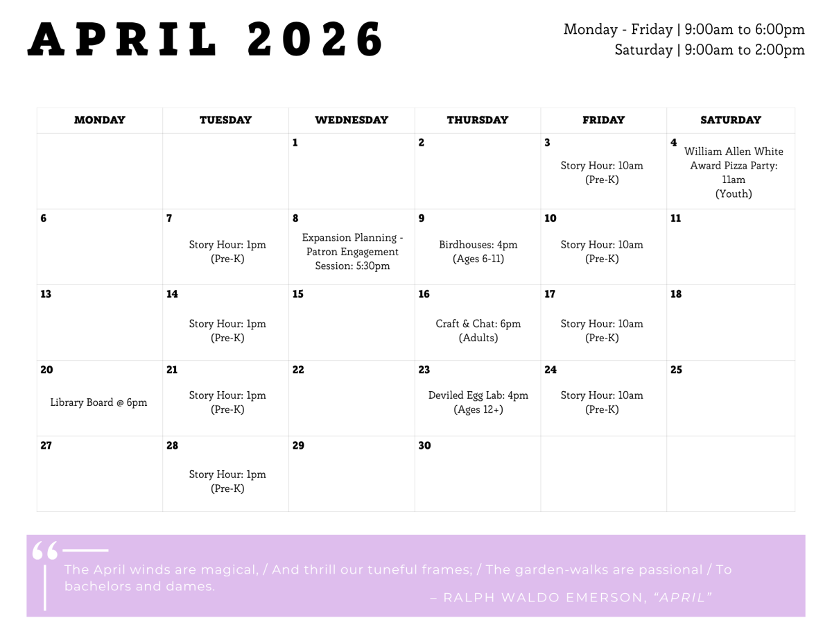 april 2026 programming calendar