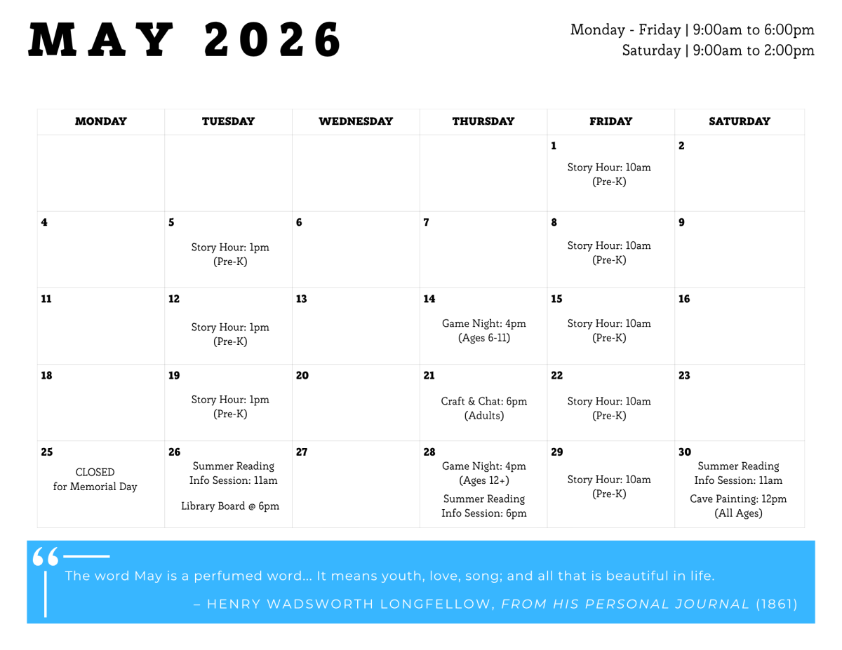 may 2026 library event calendar graphic